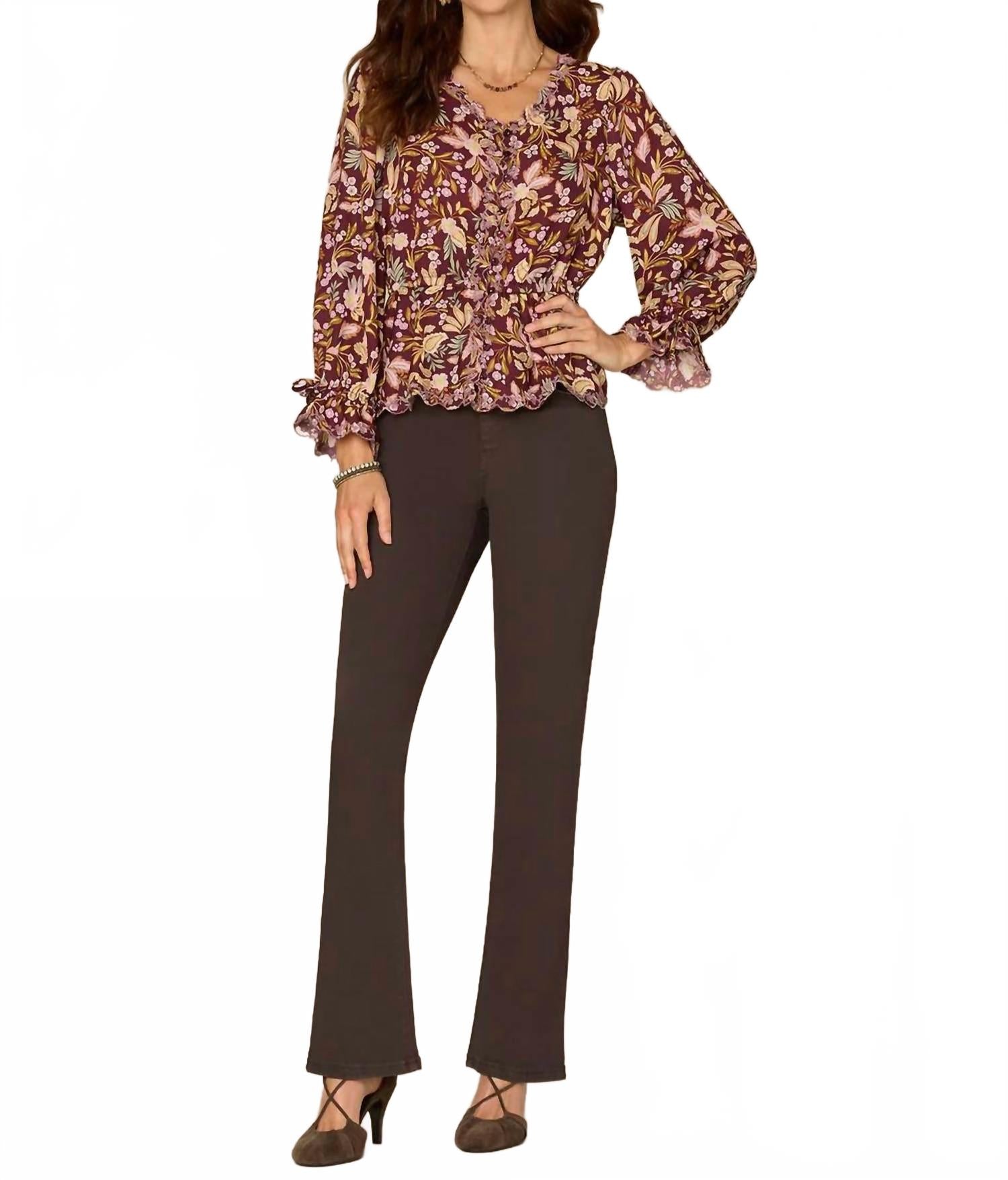 Long Tie Sleeve V-Neck Printed Woven Top In Floral
