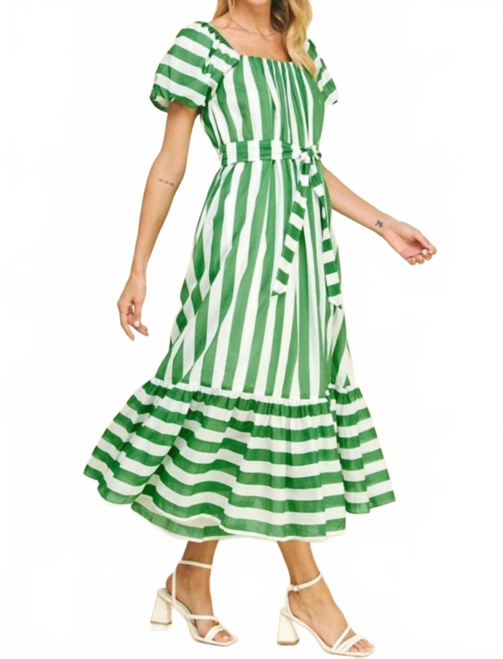 Striped Midi Puff Sleeve Dress In Green