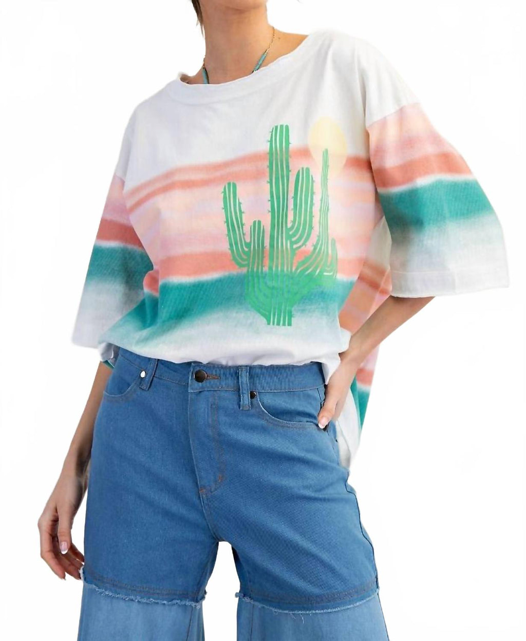 Graphic Western Soft Washed Cactus Top In White Multicolor