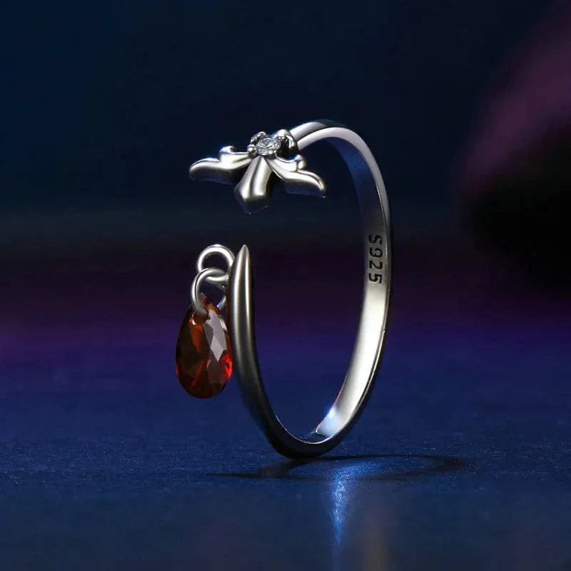 Crimson Teardrop, Sterling Silver Fleur-de-Lis Adjustable Ring