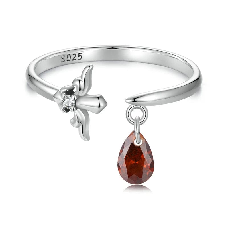 Crimson Teardrop, Sterling Silver Fleur-de-Lis Adjustable Ring
