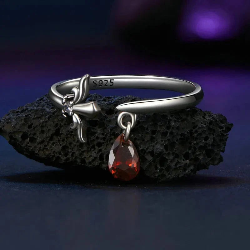 Crimson Teardrop, Sterling Silver Fleur-de-Lis Adjustable Ring