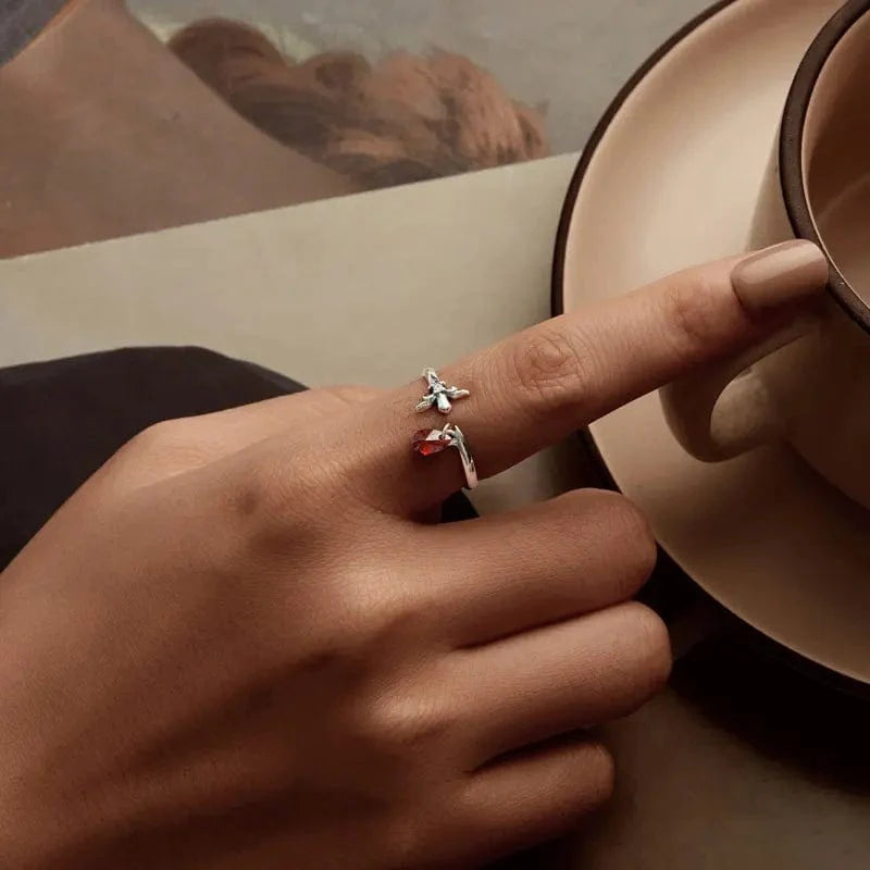 Crimson Teardrop, Sterling Silver Fleur-de-Lis Adjustable Ring