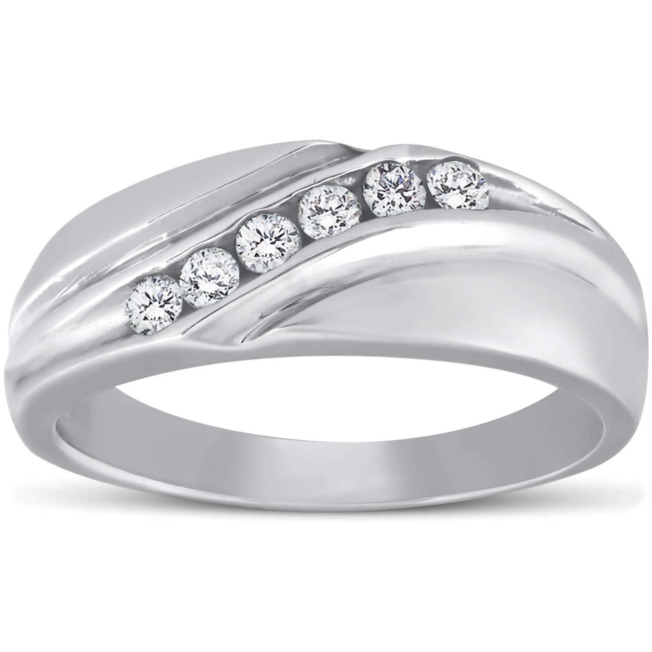 Mens 14K White Gold 1/4ct Diamond Wedding Ring High Polished Smooth Band Size Selectable