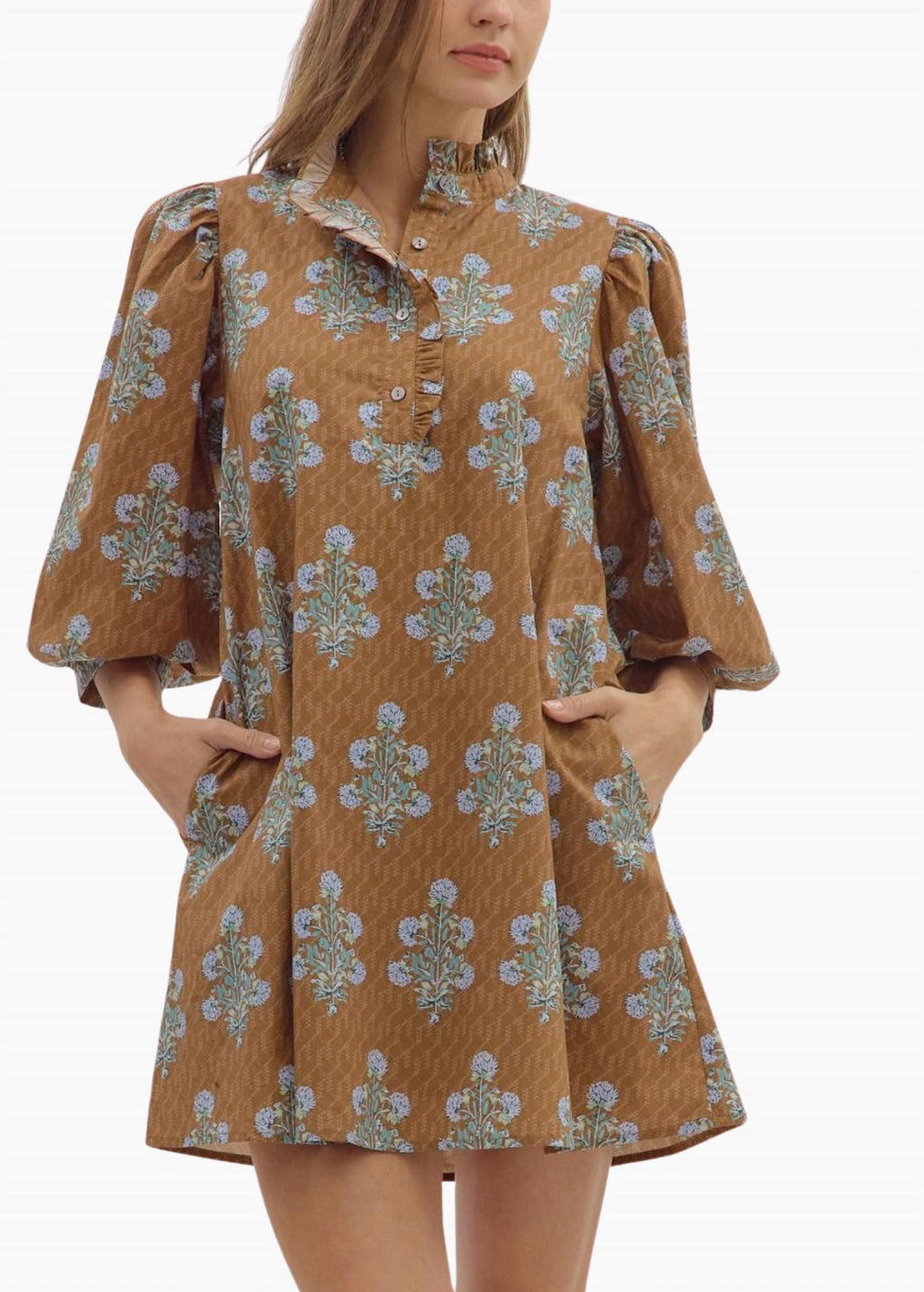 Leena 3/4 Sleeve Mini Dress In Camel