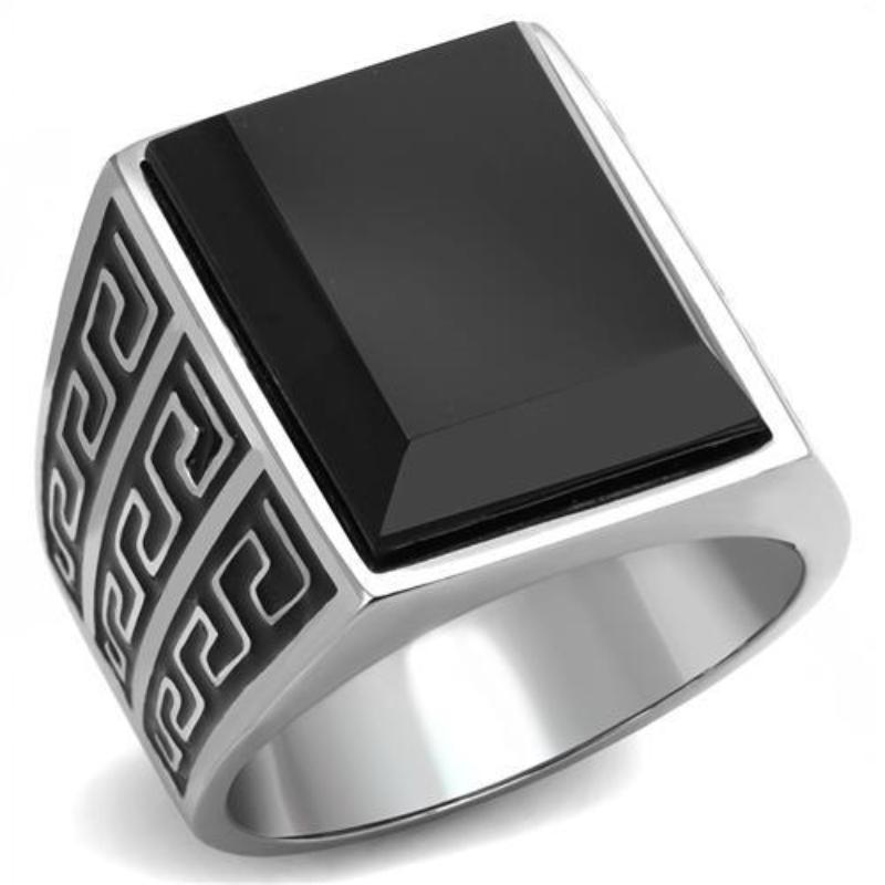 High polished (no plating) Stainless Steel Ring with Synthetic Onyx in Jet