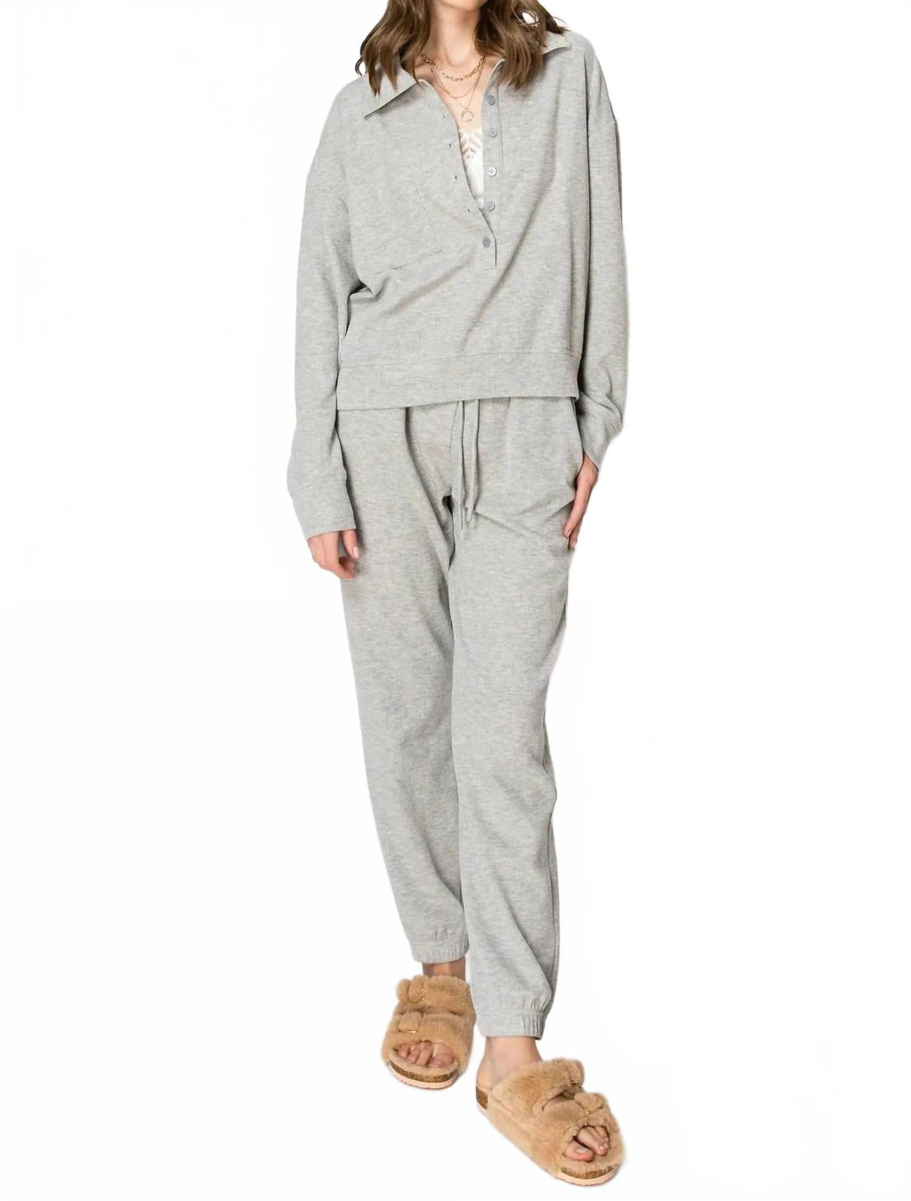Waffle Knit Jogger Set In Grey