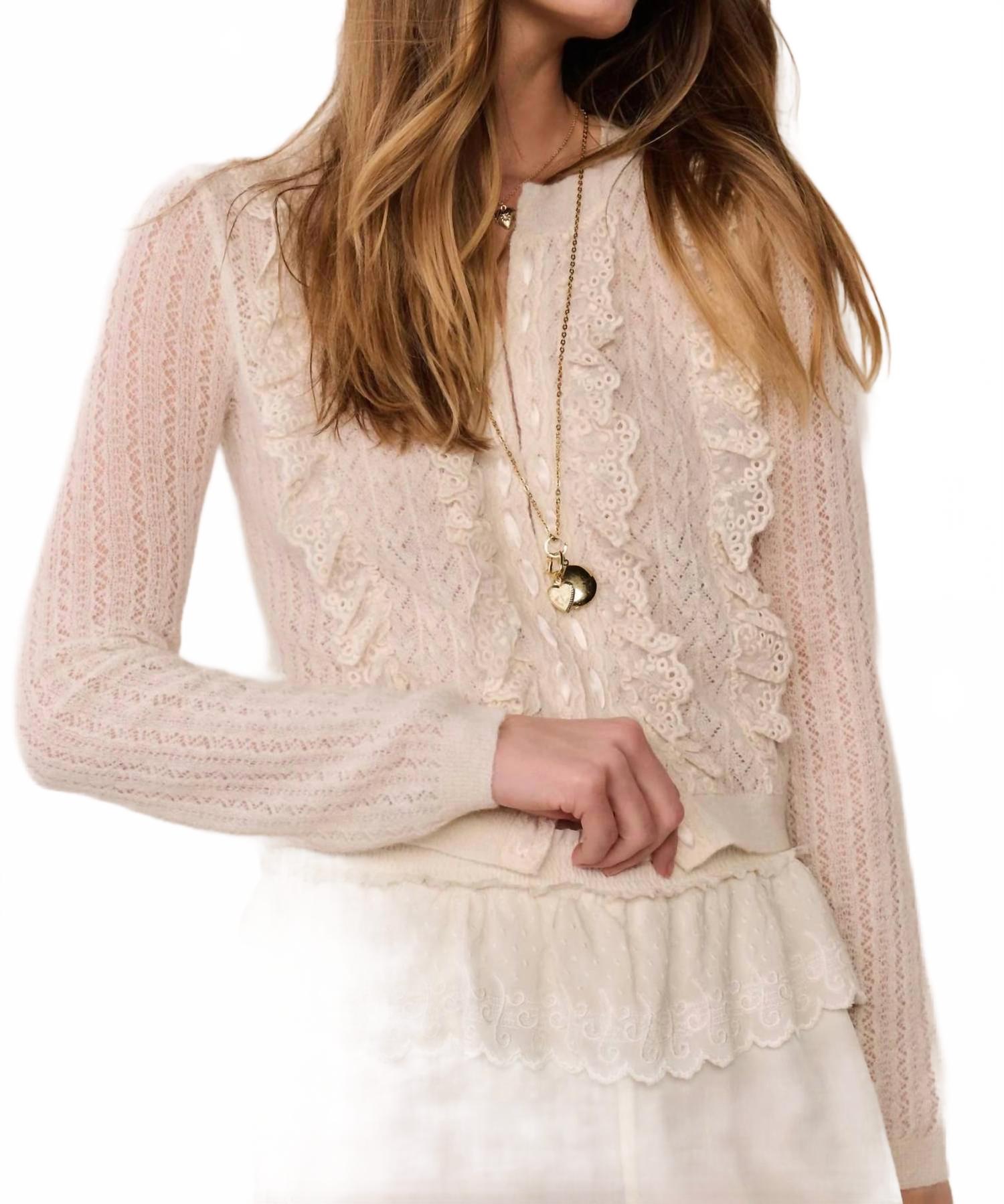 Melisse Eyelet Ruffle Cardigan In Aspen White