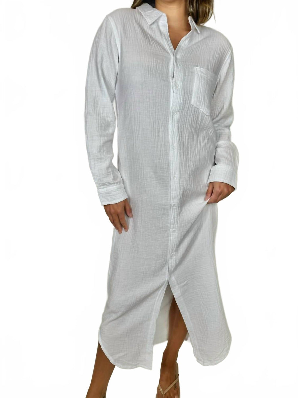 Button Front Maxi Shirt Dress In White