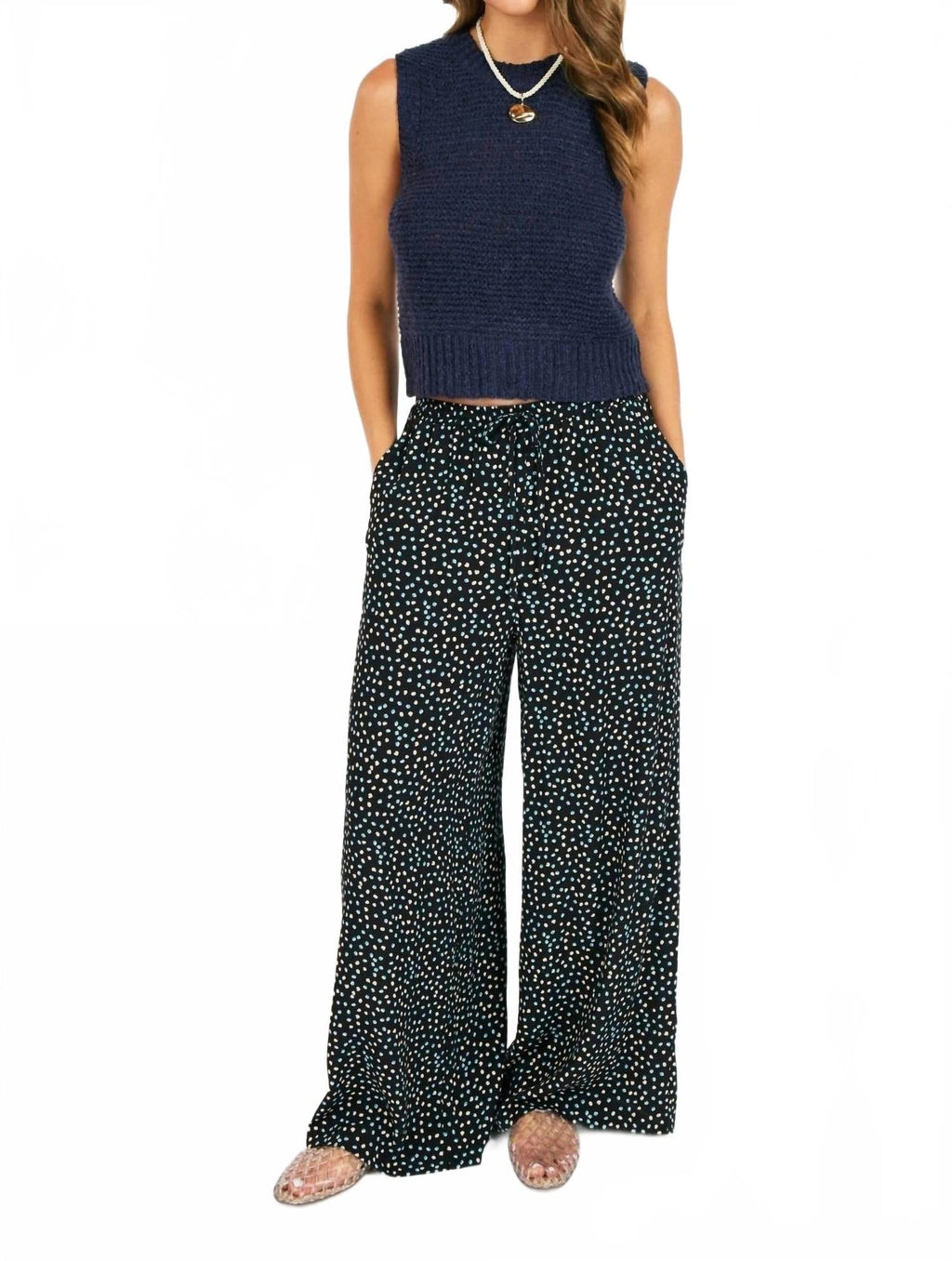 New Romance Wide Leg Polka Dot Drawstring Pants In Blue