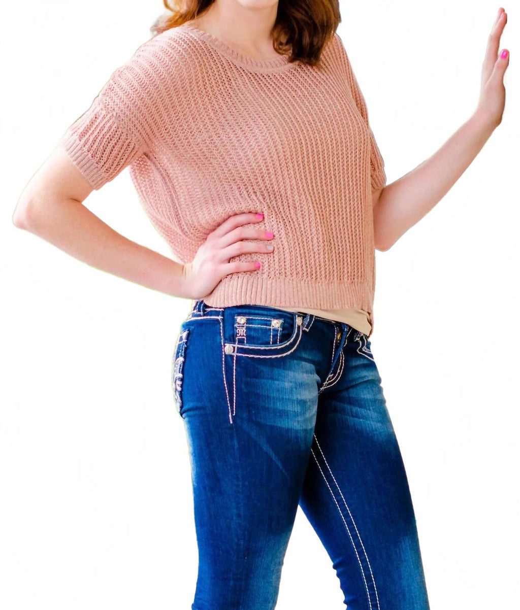 Short Sleeve Sweater Top In Dusty Pink
