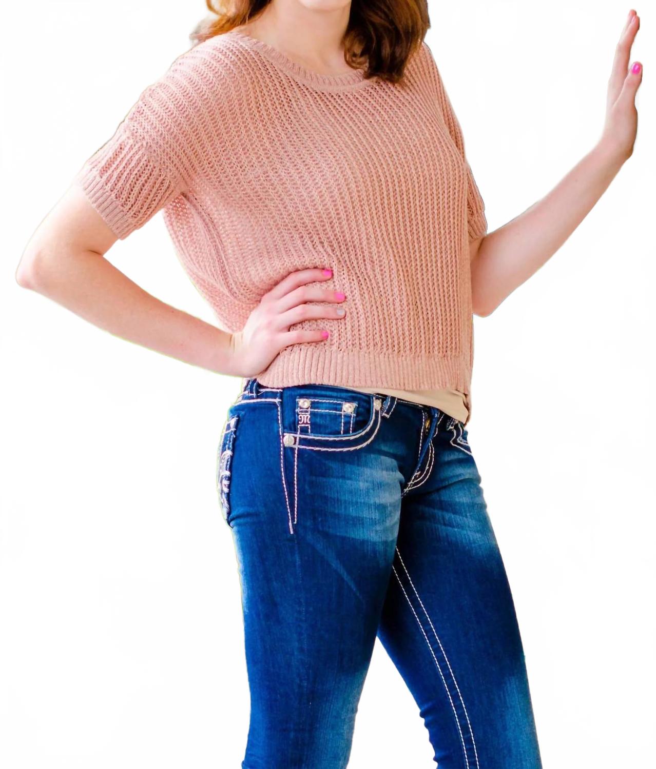 Short Sleeve Sweater Top In Dusty Pink