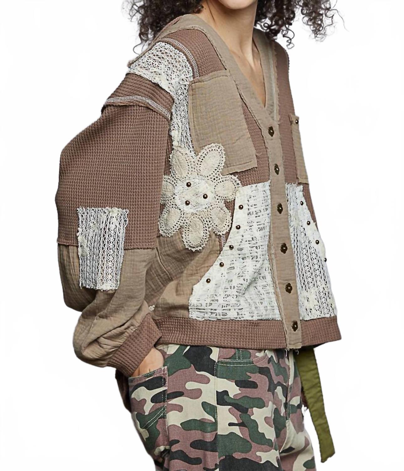 Oversize Lace Print Waffle Knit Button Up Top In Mocha