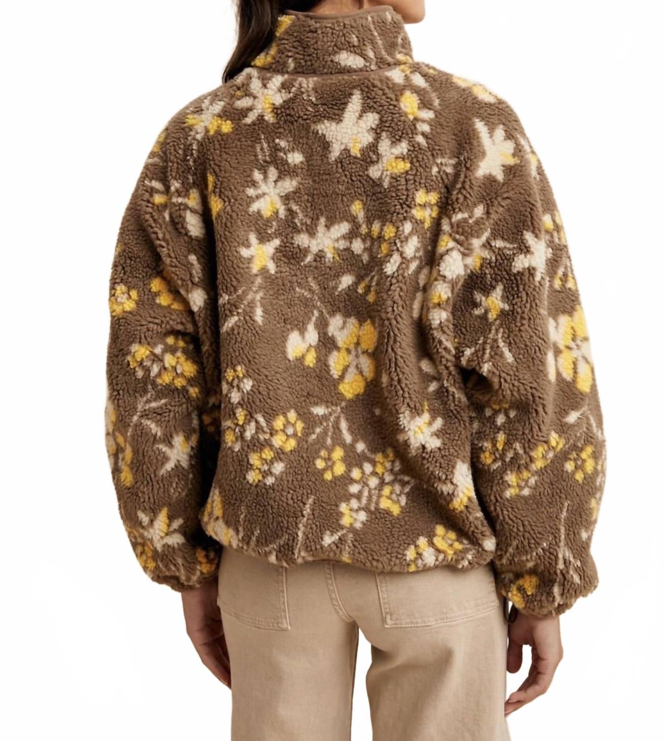 Floral Sherpa Snap Button Pullover In Mocha Mousse