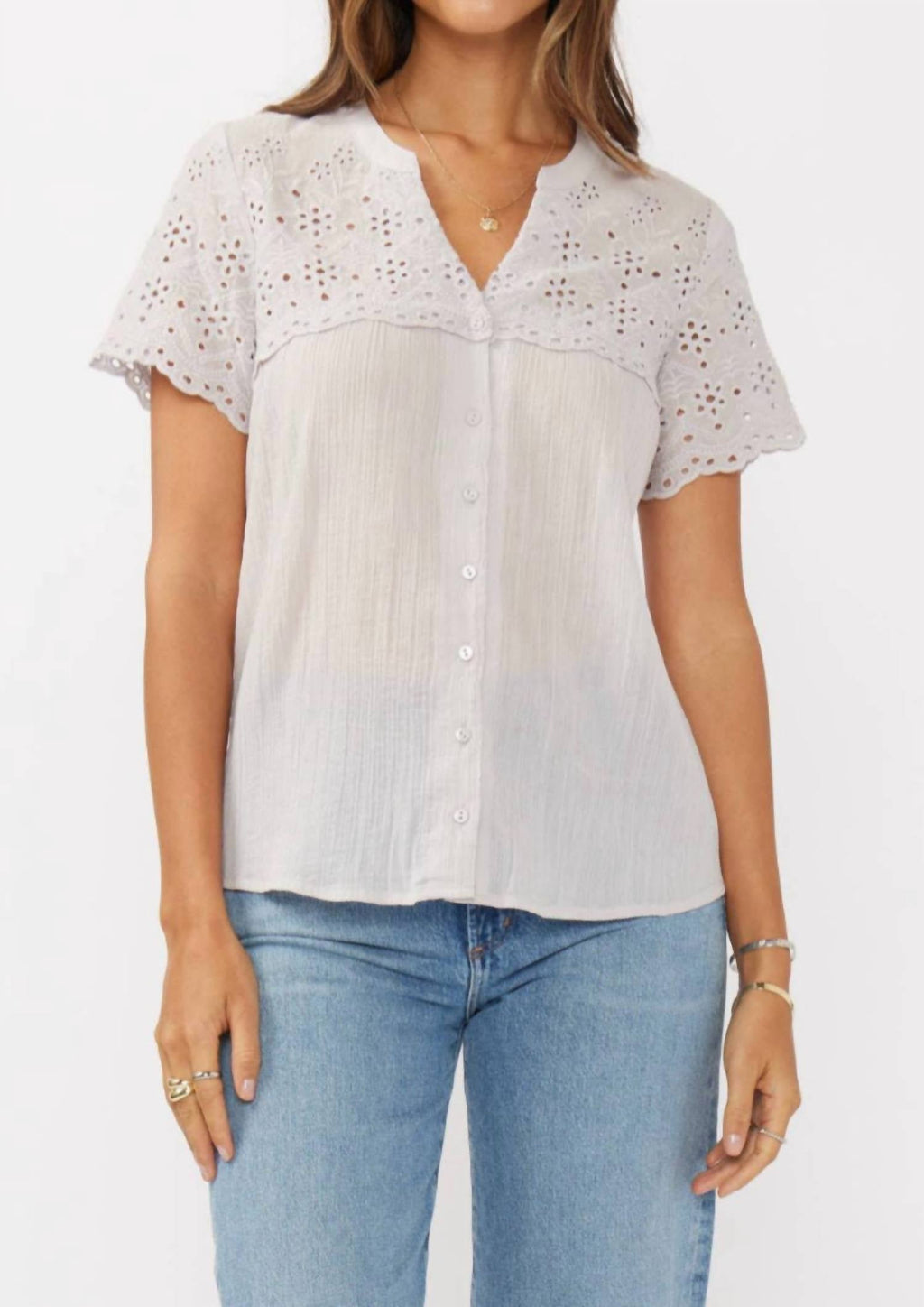 Floral Eyelet Short Sleeve Button Down Blouse In Dove