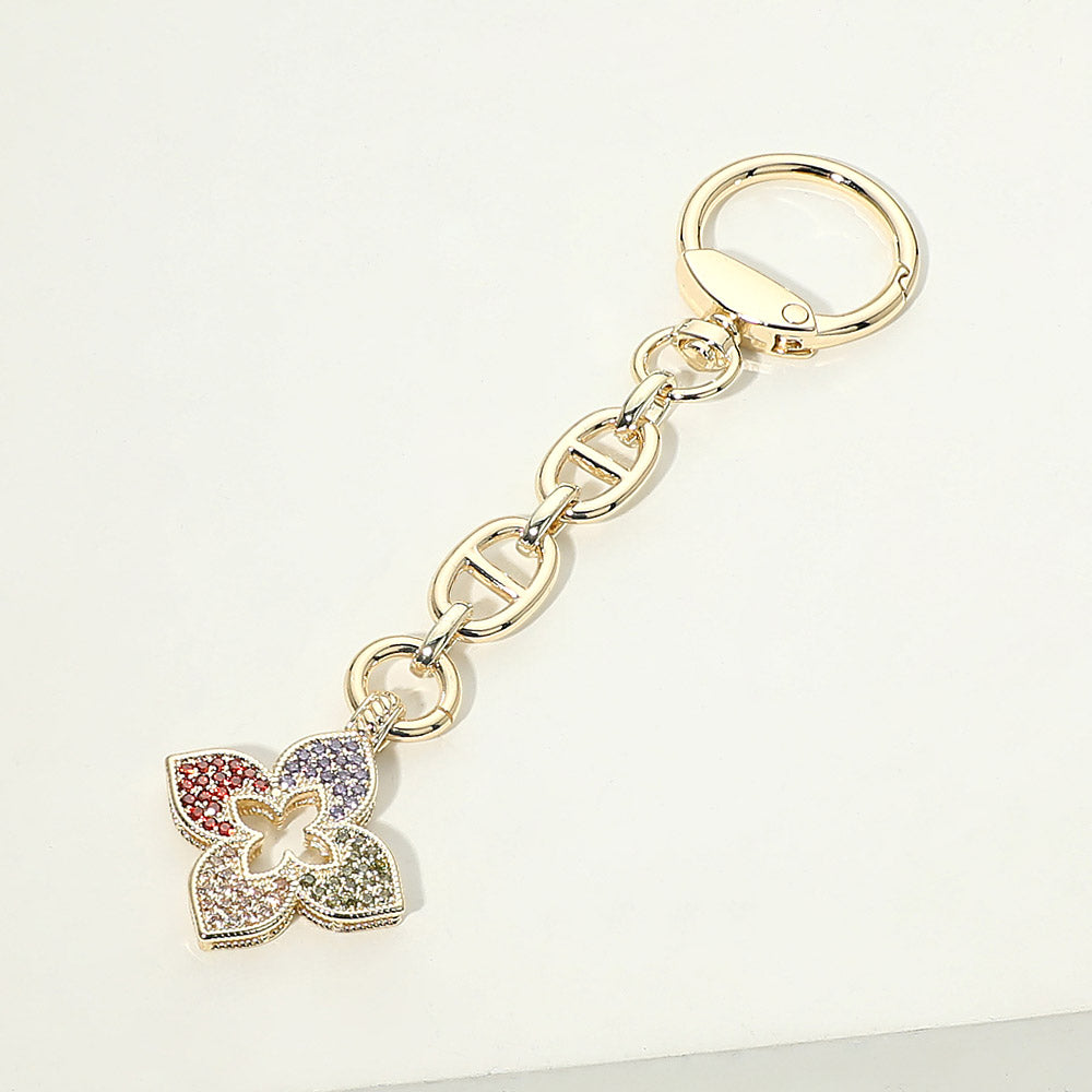 14K Gold Plated Colorful CZ Pave Floral Drop Keychain Bag Charm