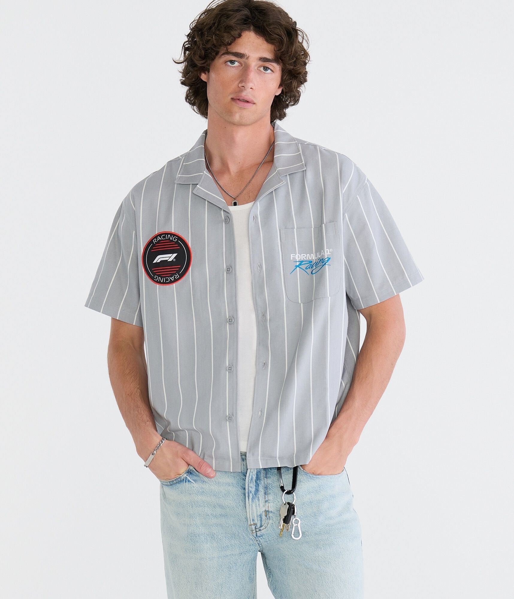 Aeropostale Formula 1 Racing Striped Boxy Mechanic Shirt