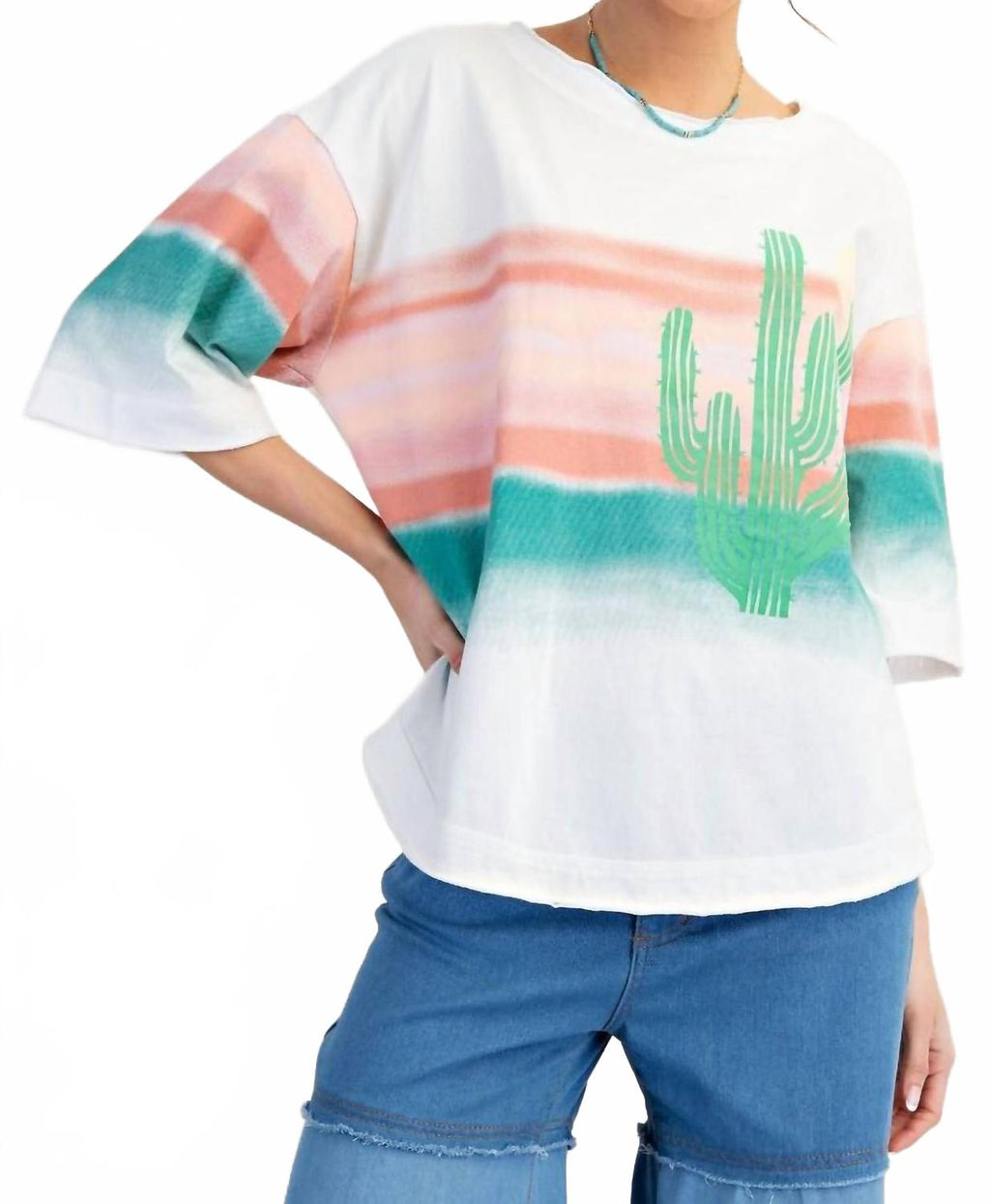 Graphic Western Soft Washed Cactus Top In White Multicolor