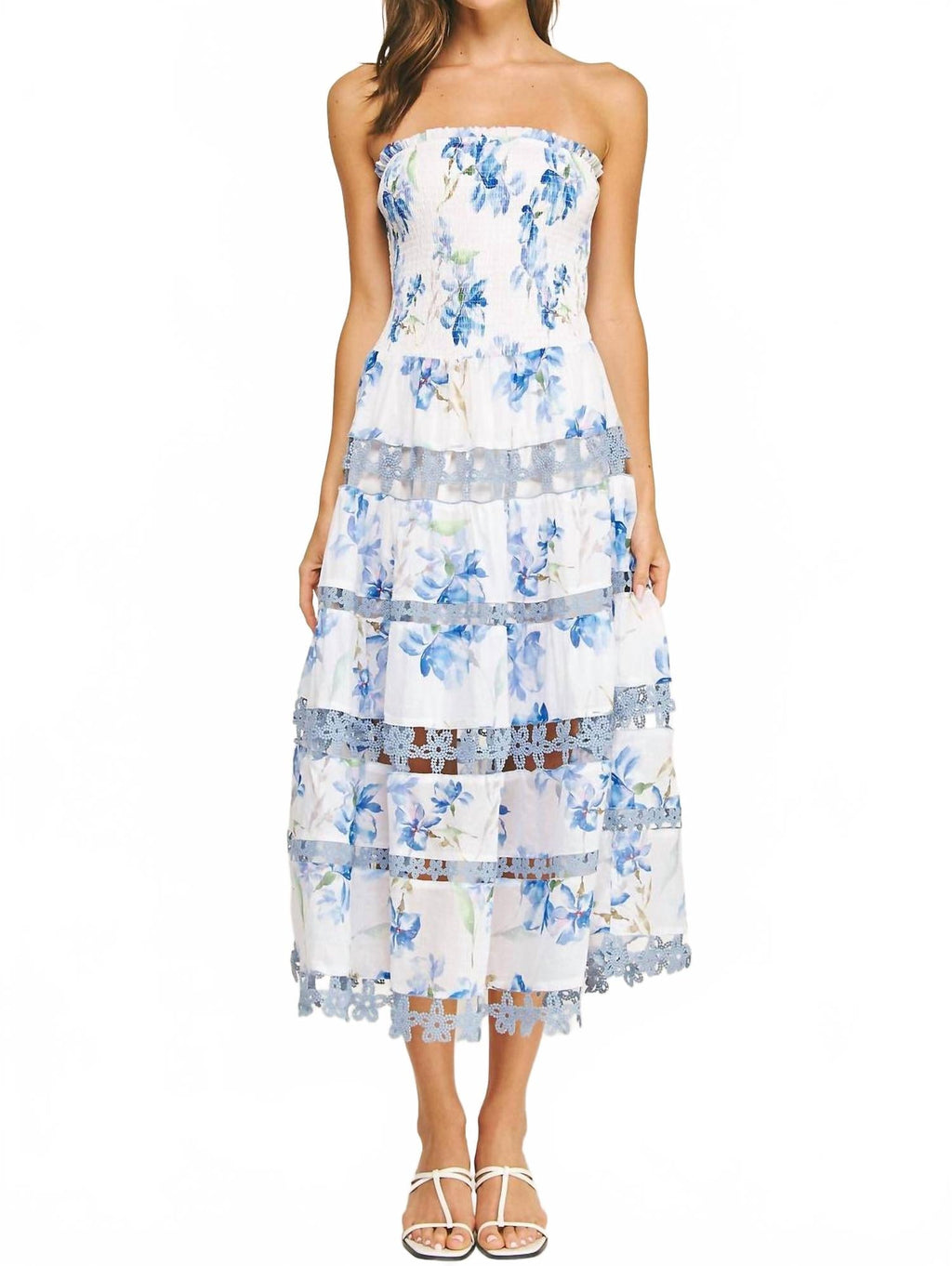 Floral Print Smocked Lace Trim Midi Dress In Blue Multi