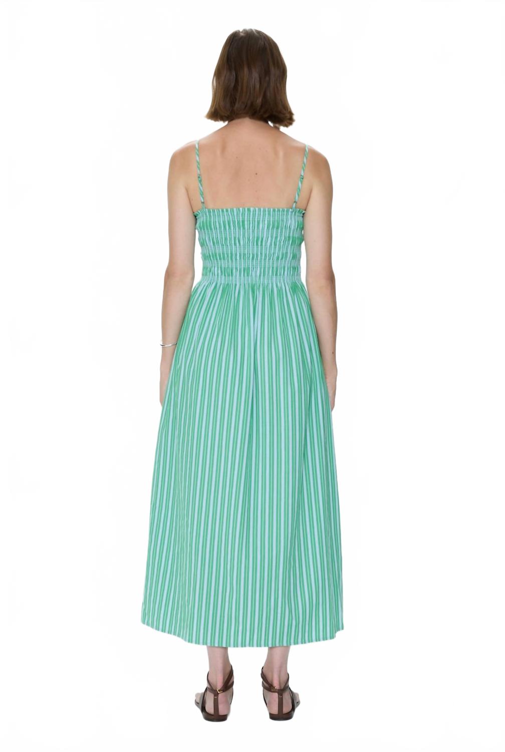Bianca Shirred Bodice Dress In Green Blue Stripe