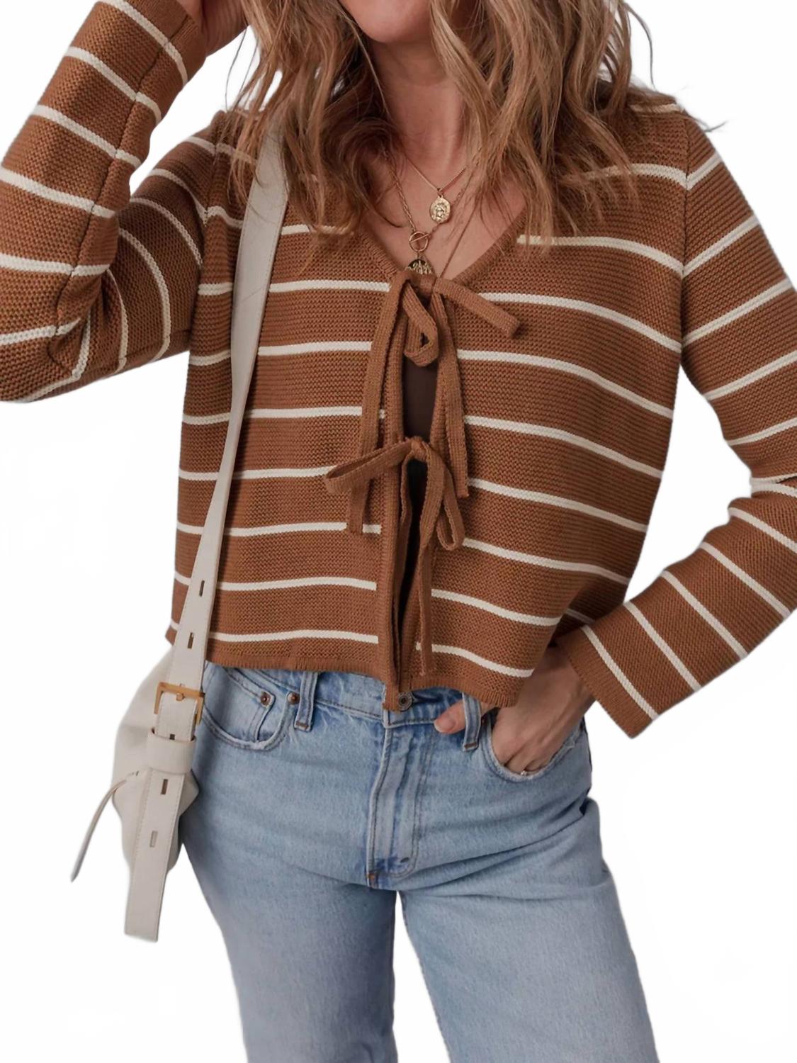 Tie Front Stripped V-Neck Cardigan In Caramel