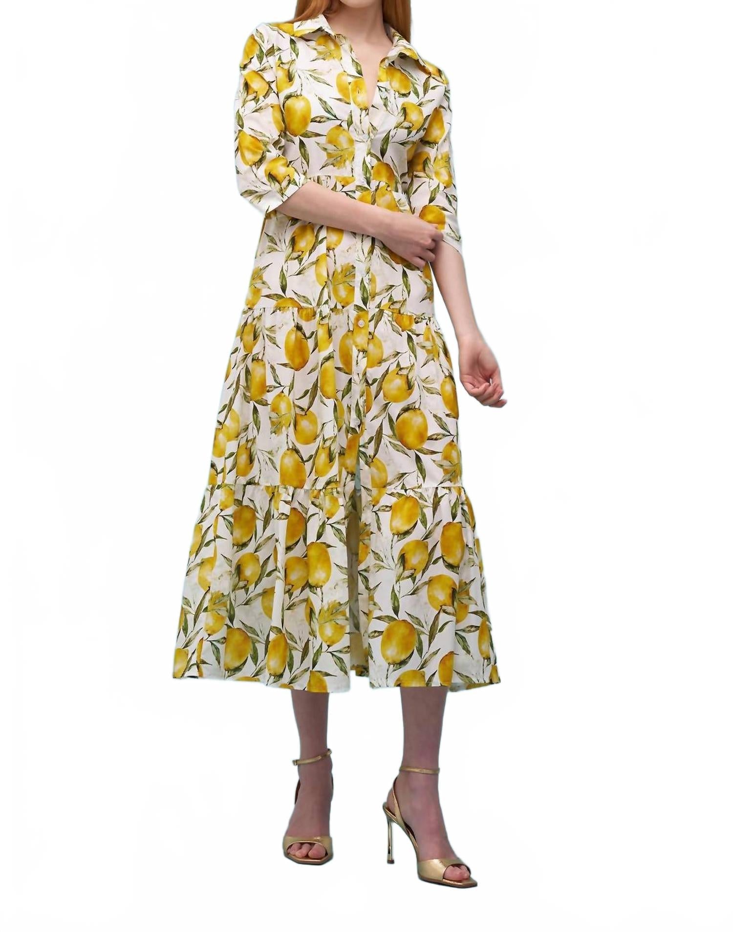 Lemon Print Woven Maxi Dress In White/yellow