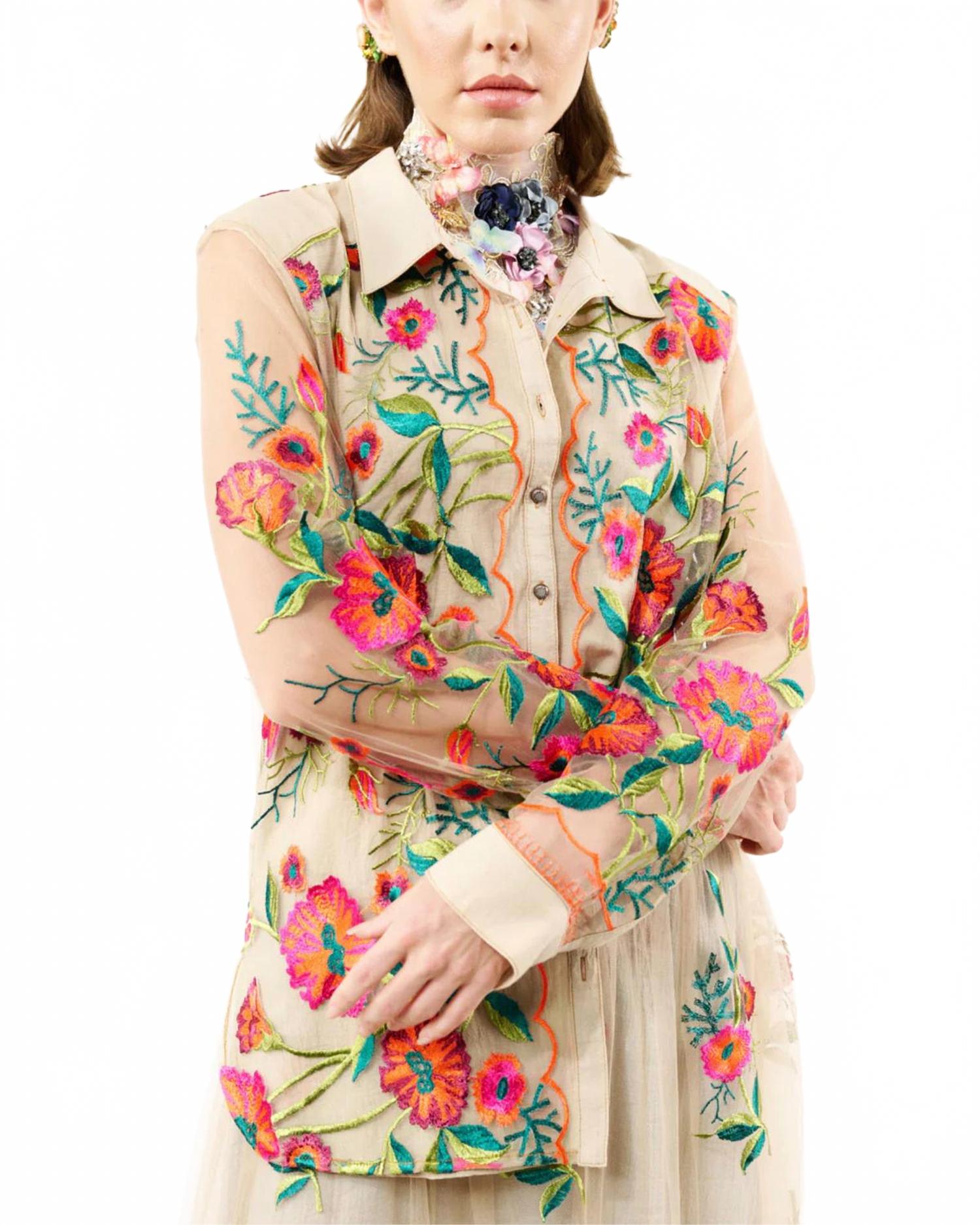 Vintage Floral Embroidered Shirt In Beige Tulip