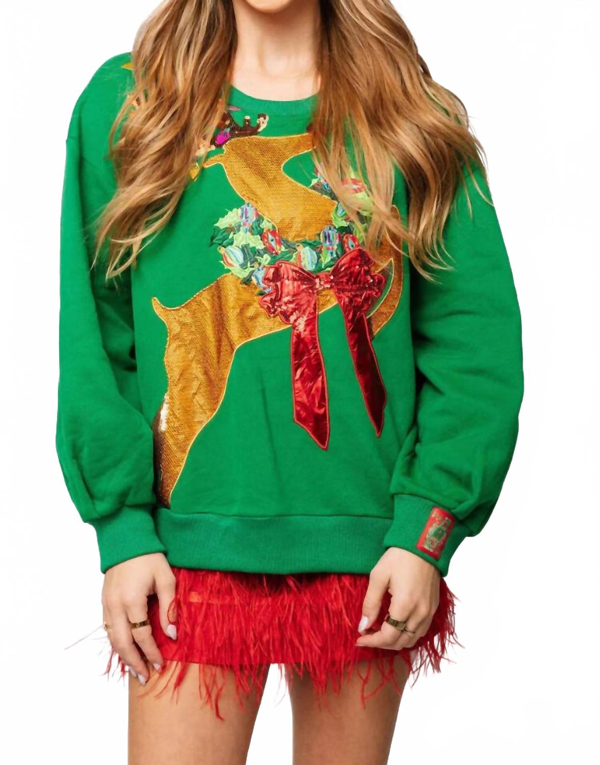 Rhinestone Rudolph Sweatshirt In Green