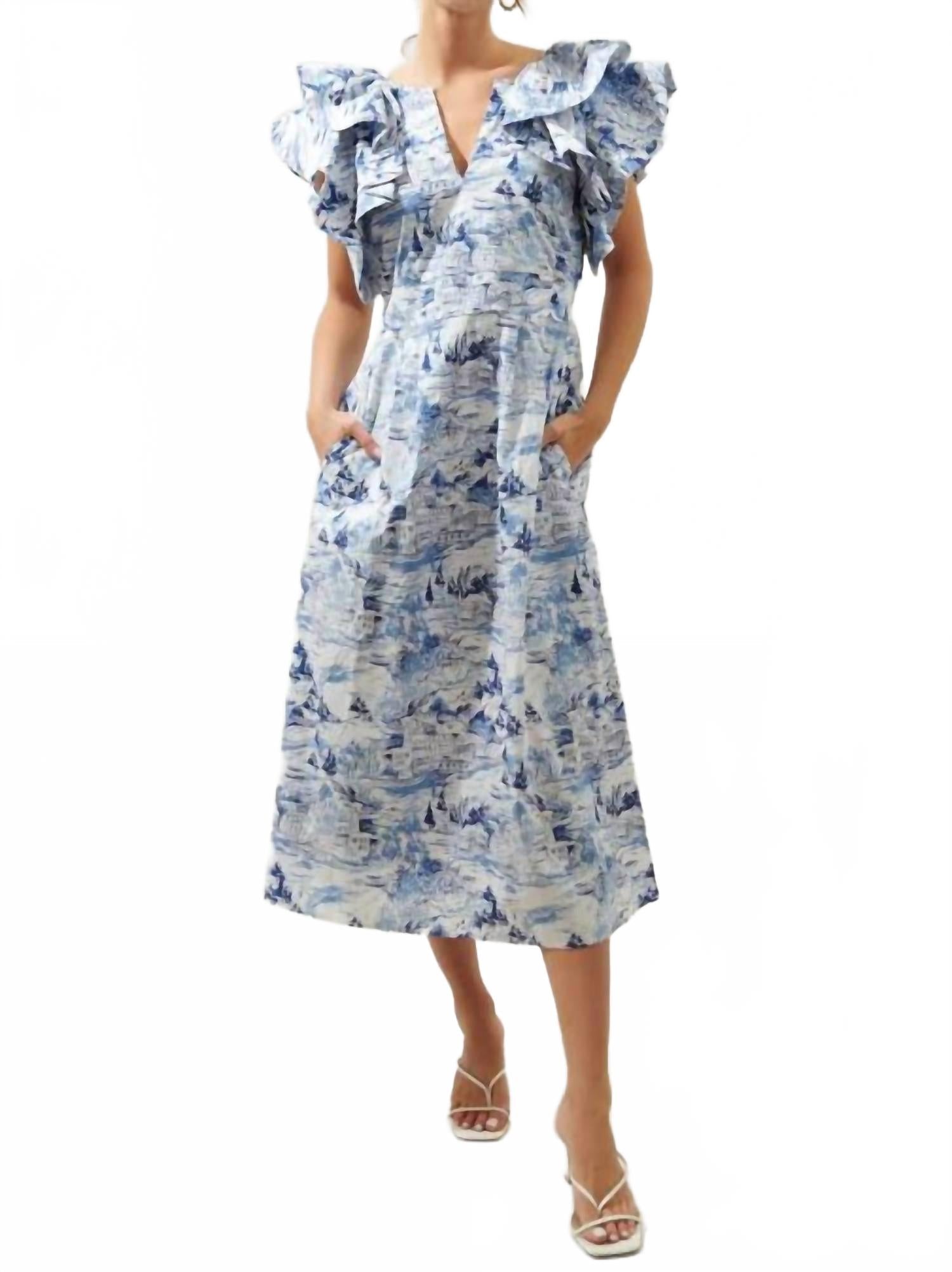 Francine Toile Sky Ruffle Tiered Midi Dress In Blue