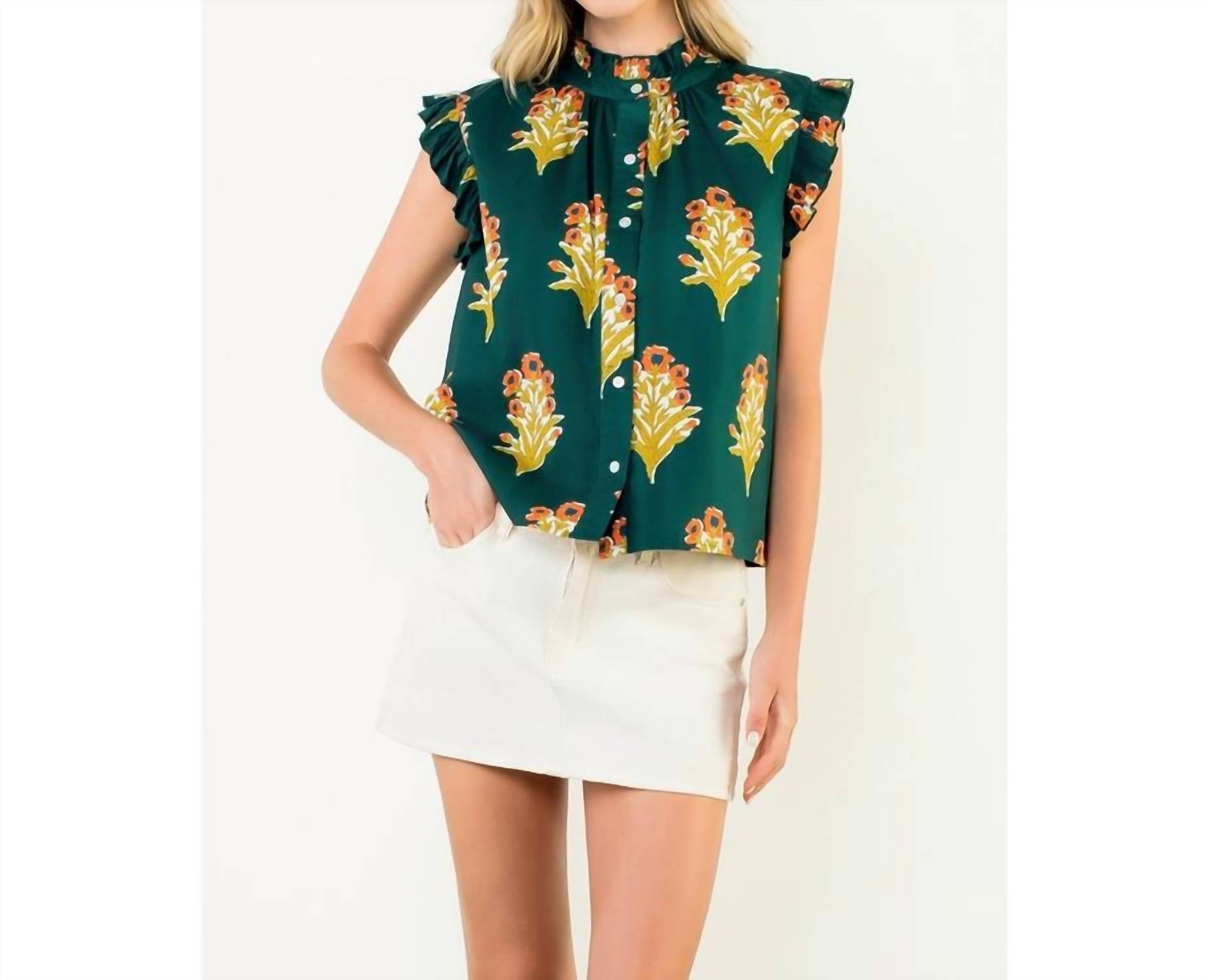 Flutter Sleeve Floral Blouse In Green