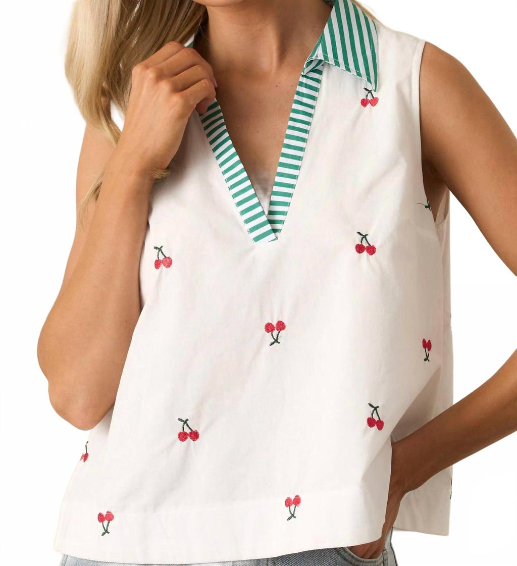 Fruit Pattern Shirt Collar Sleeveless Top In Cherry