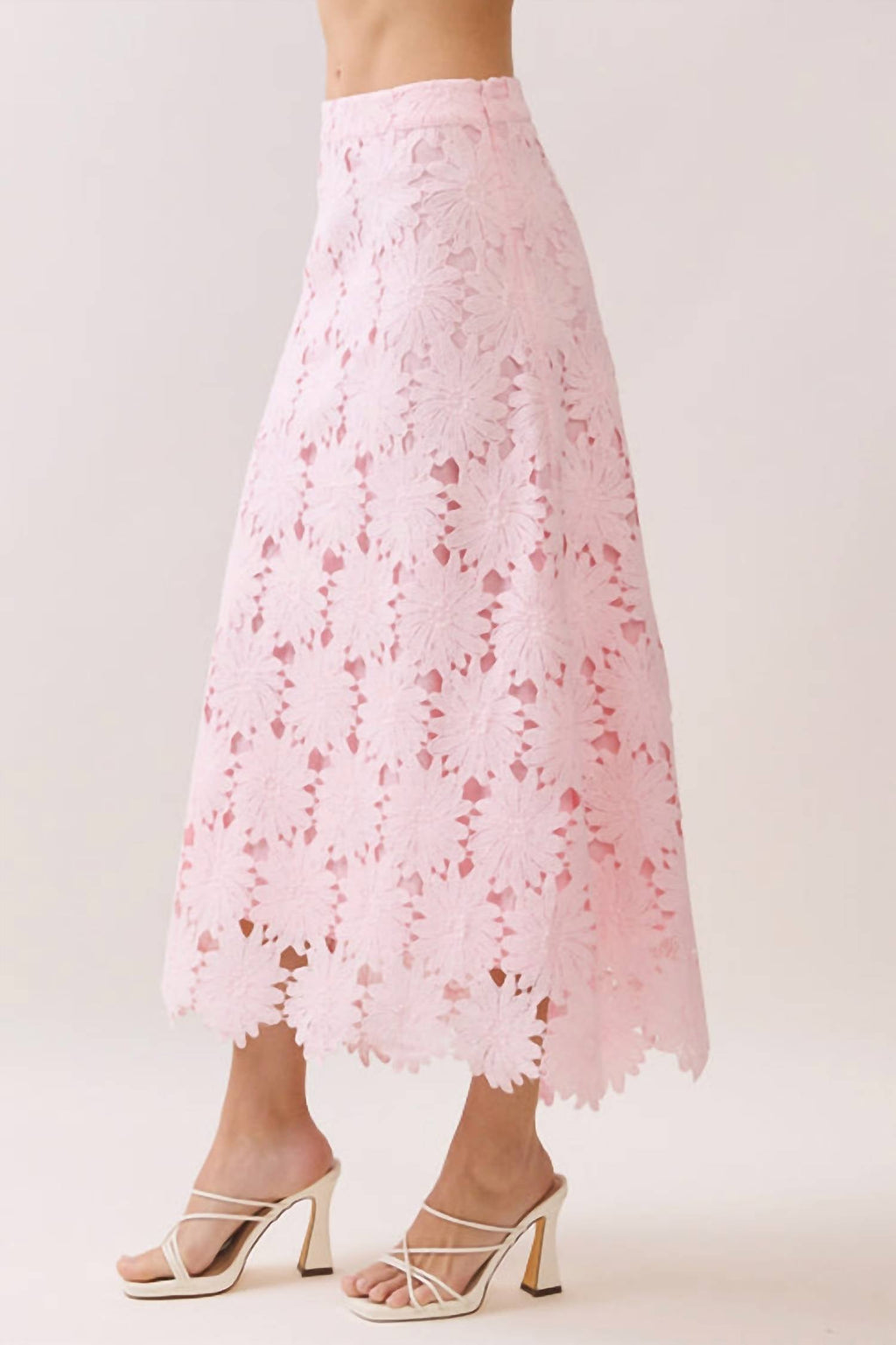 Floral Lace Midi Skirt In Baby Pink