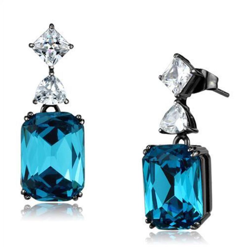 IP Light Black Stainless Steel Earrings with Top Grade Crystal in Blue Zircon