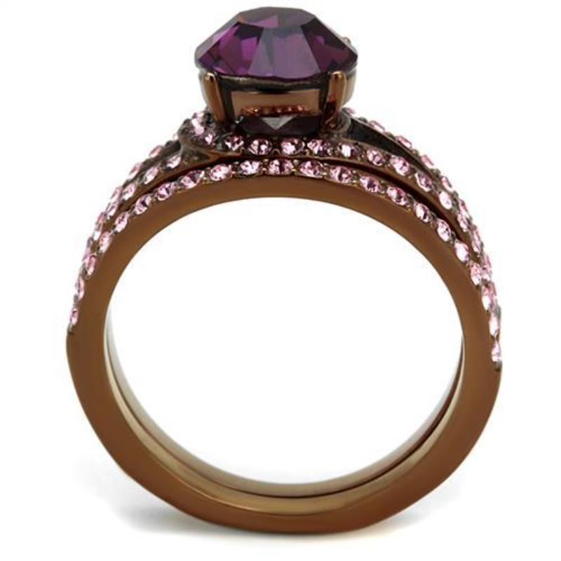 IP Coffee light Stainless Steel Ring with Top Grade Crystal in Amethyst