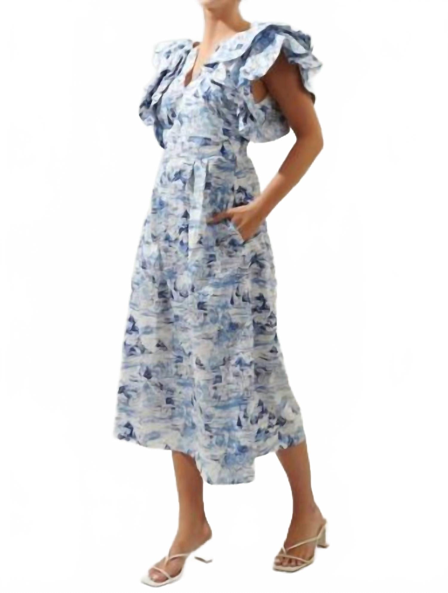 Francine Toile Sky Ruffle Tiered Midi Dress In Blue