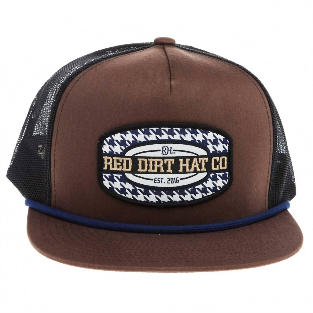Men's Hound Patch 5 Panel Flat Trucker Rope Cap In Chocolate/black