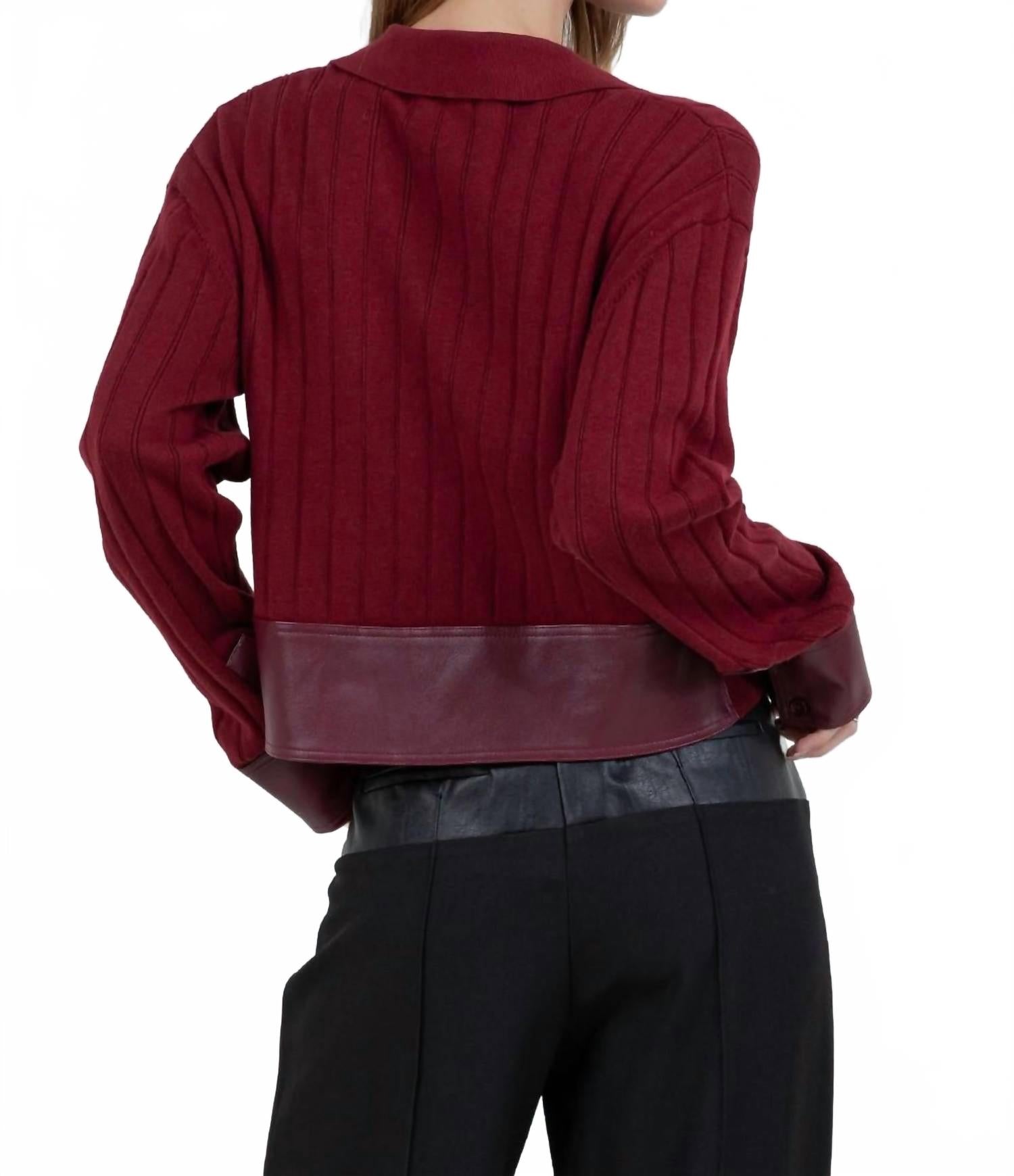 Contrast Knitted Long Sleeve Sweater In Burgundy