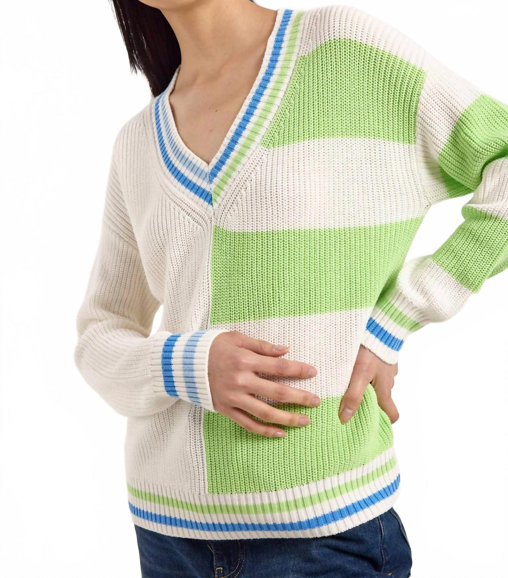 Valerie Stripe V-Neck Sweater In Ivory/green