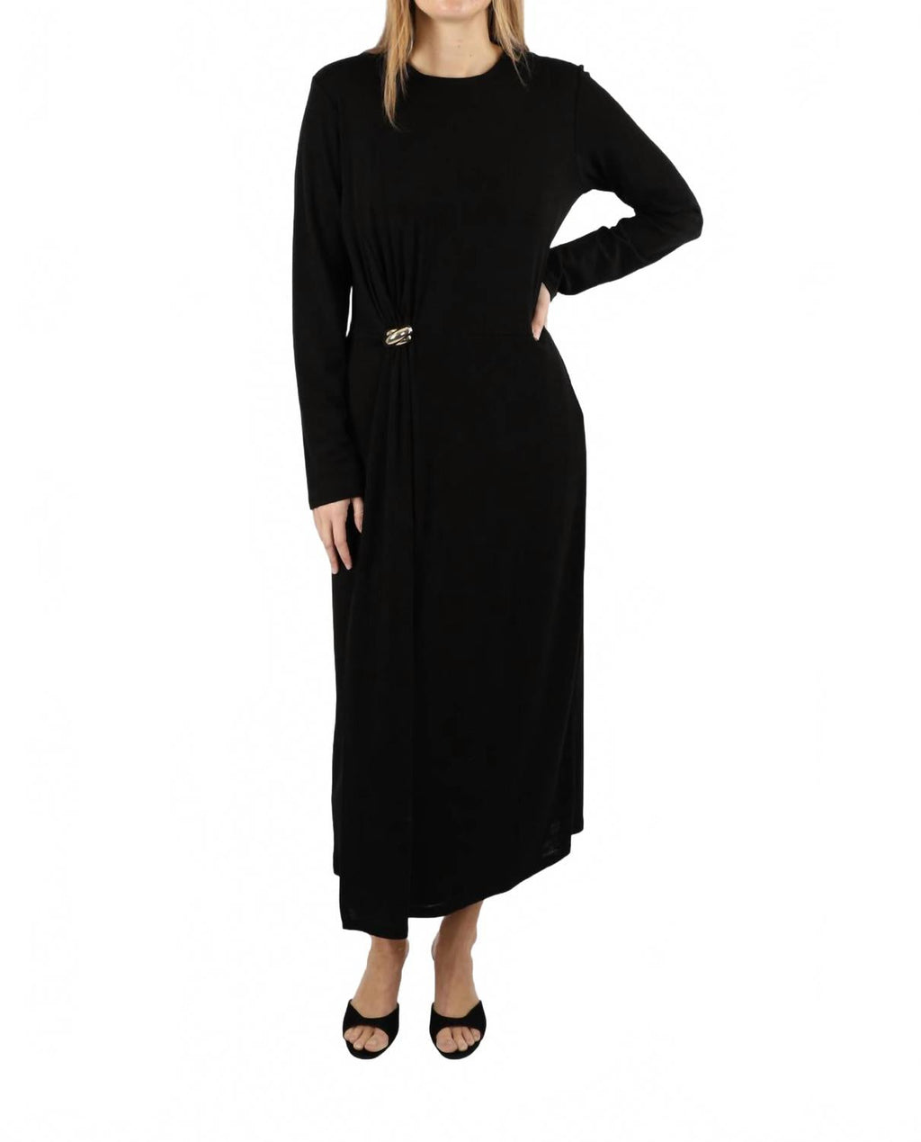 Side Draped Long Sleeve Dress In Black
