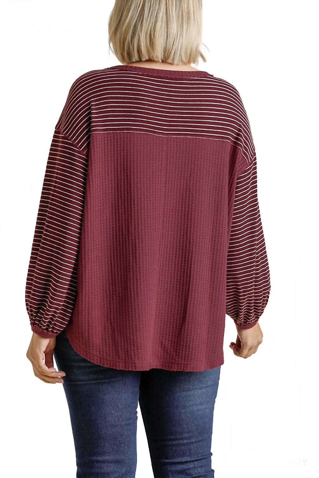 Ribbed Sleeve Top In A Waffle Knit With High Low Hem - Plus In Berry Striped