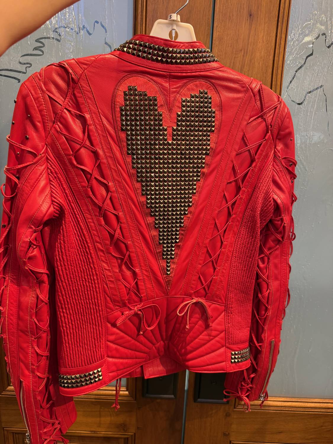 Laced Heart Leather Moto Jacket In Red