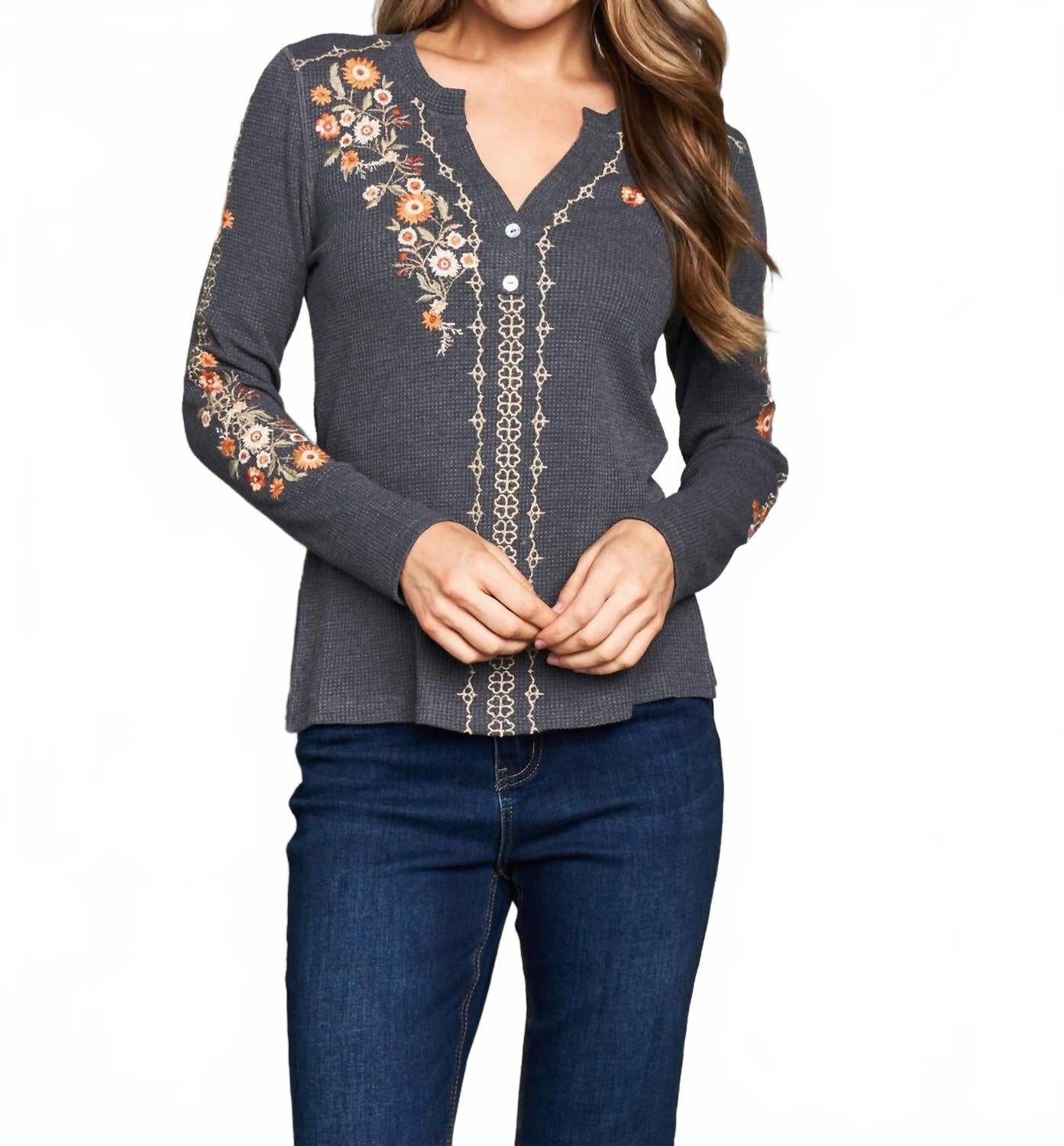 Thermal Knit Embroidered Henley Top In Charcoal