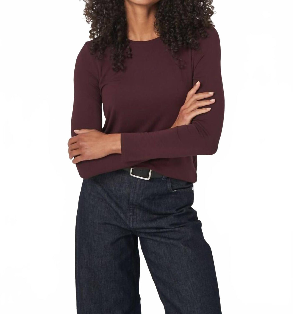 Basic Jewel Neck Long Sleeve Top In Merlot