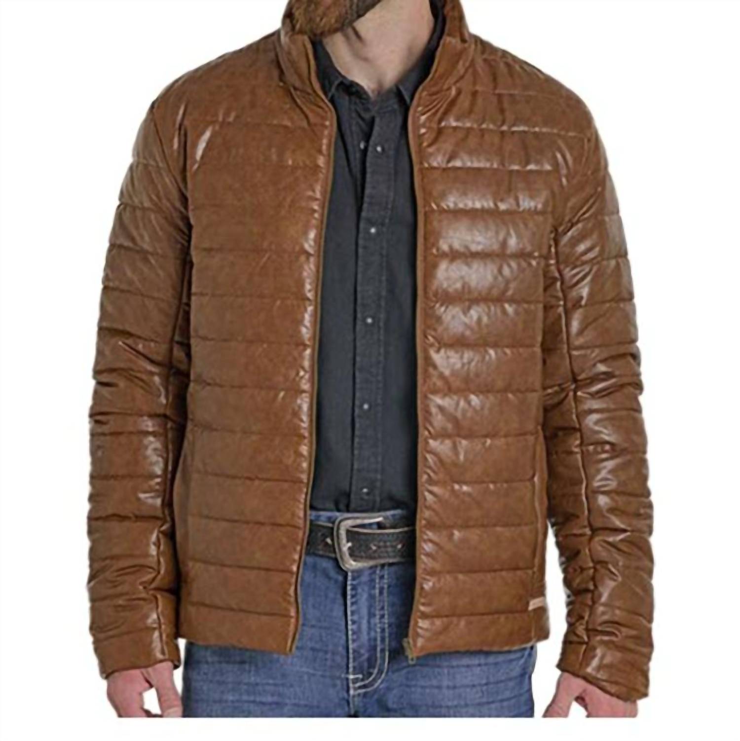 Men's Distressed Faux Leather Puffer Coat In Tan