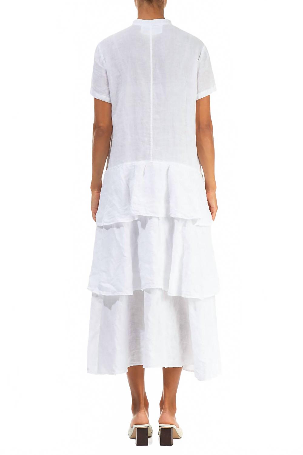Linen Pleated Front Dress With Tiered Skirt In White