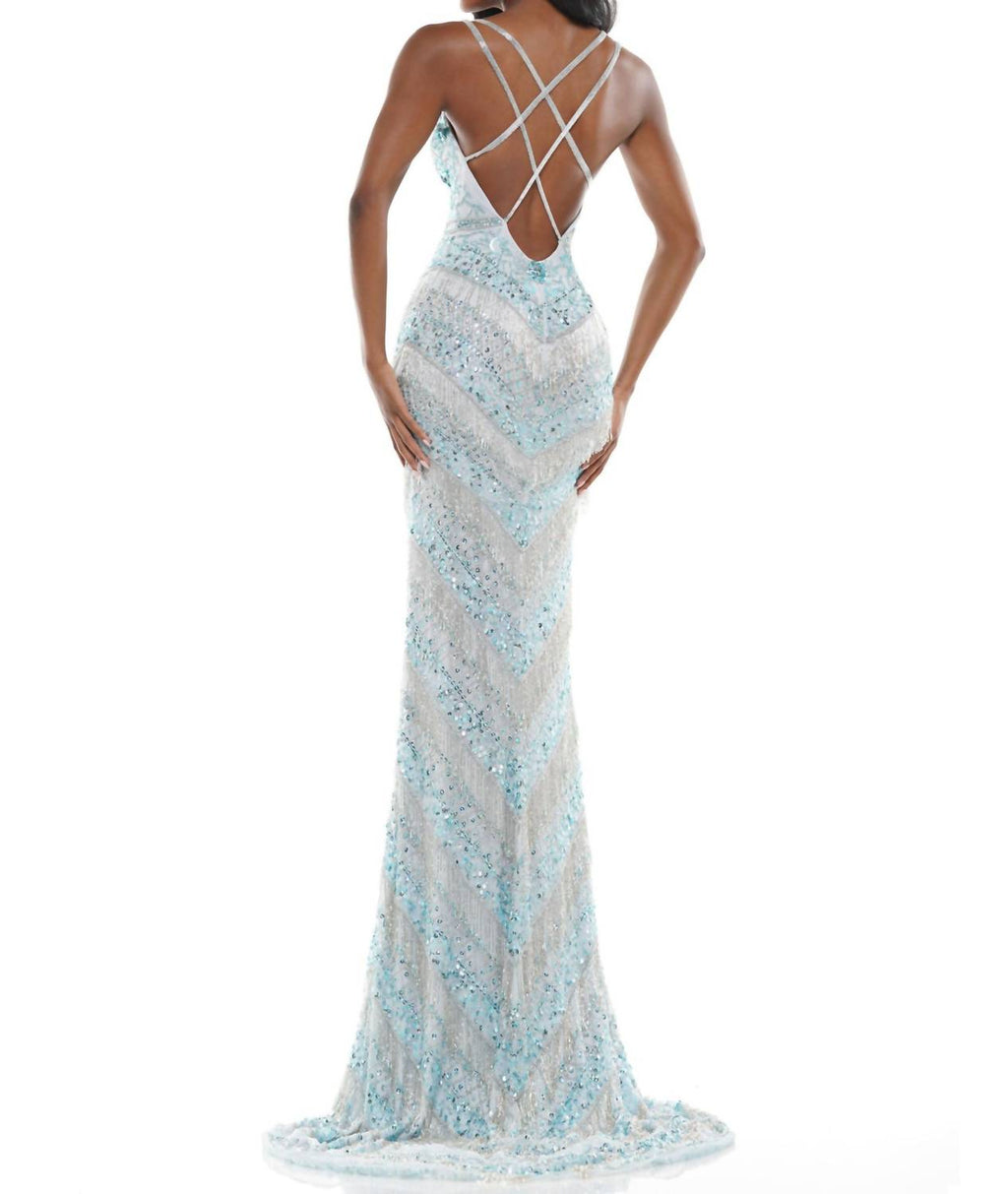 Beaded Mesh Gown In Ice Blue