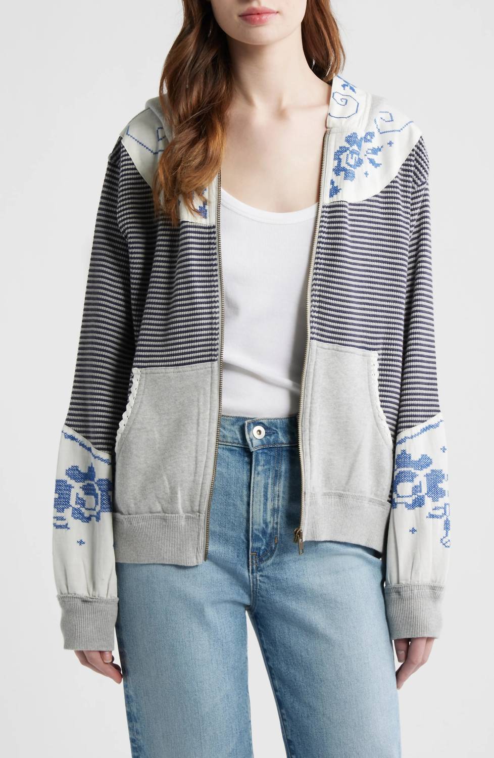 Lydia Mixed Media Zip-Up Hooded Sweater In Grey