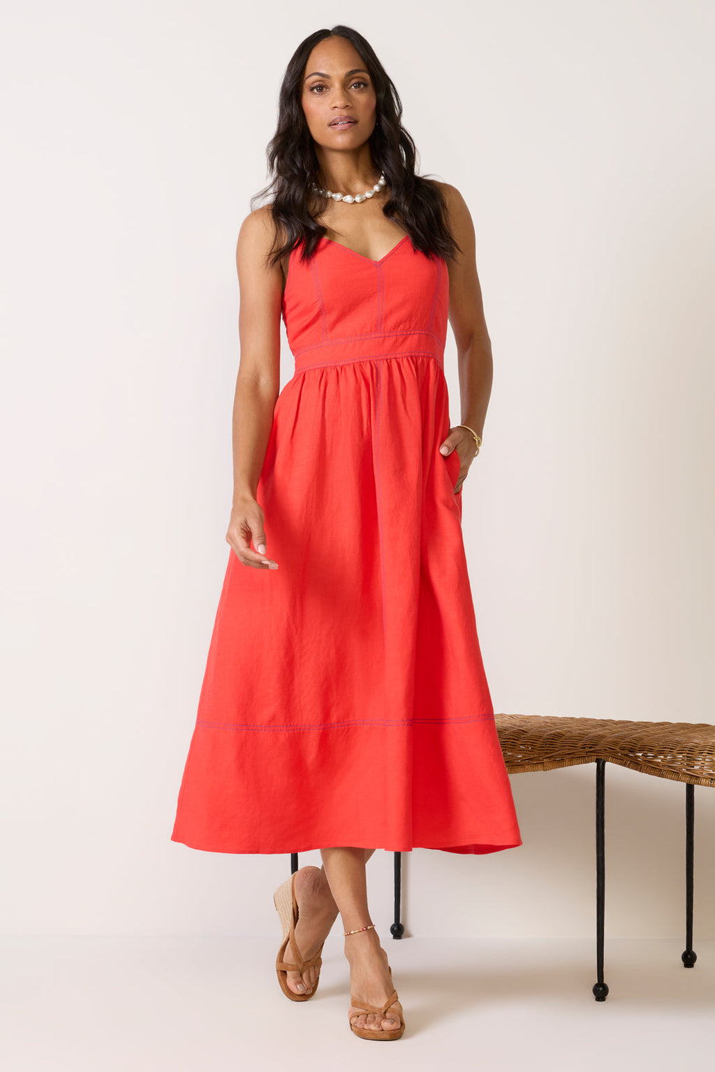 Women's Jill Contrast Stitch Linen Midi Dress