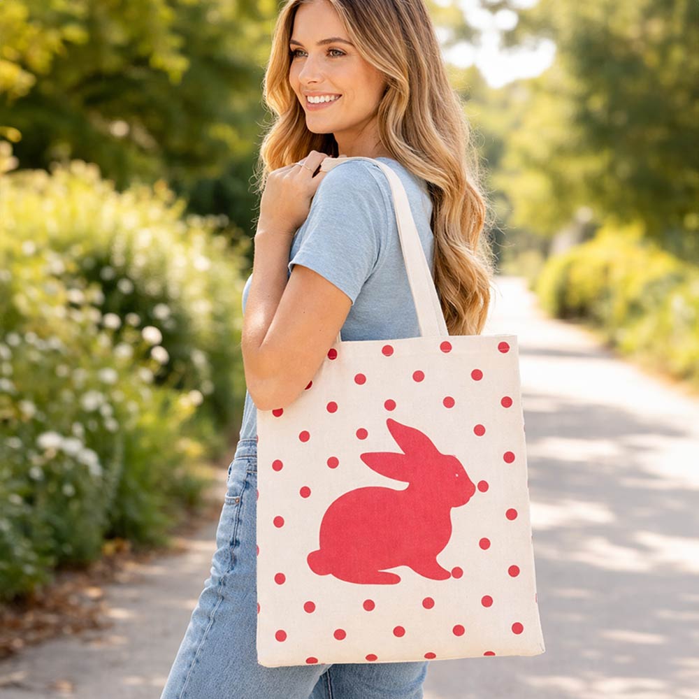 Easter Bunny Polka Dot Pattern Printed Canvas Shoulder Tote Bag