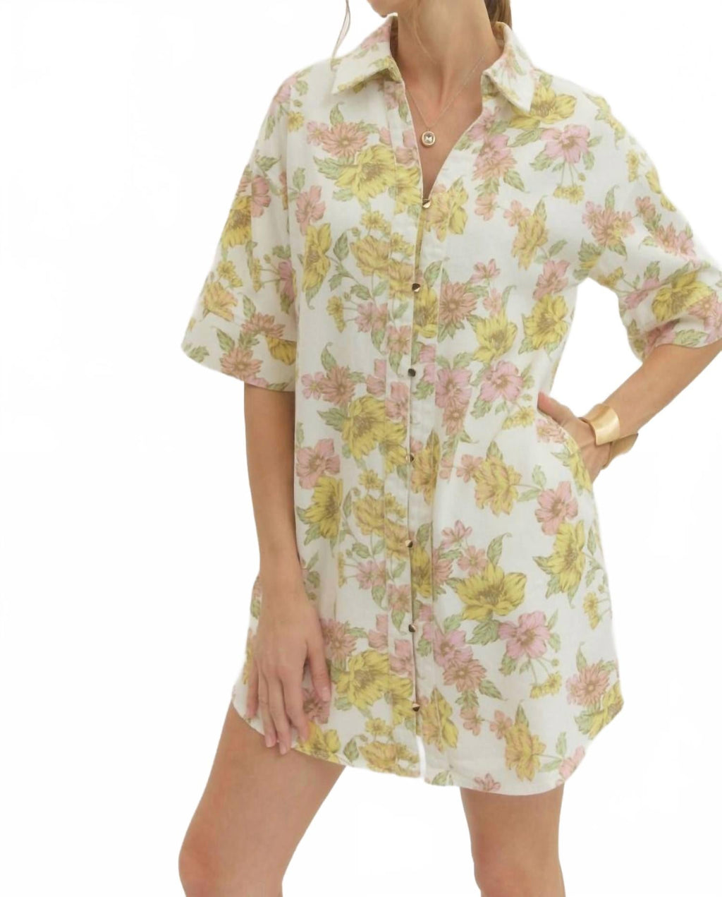 Floral Mini Shirt Dress In Pink And Yellow